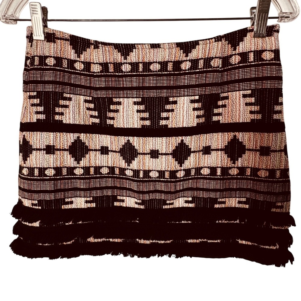 Topshop Geometric Jacquard Fringe Mini Skirt Black Multi Boho Tribal US 6
